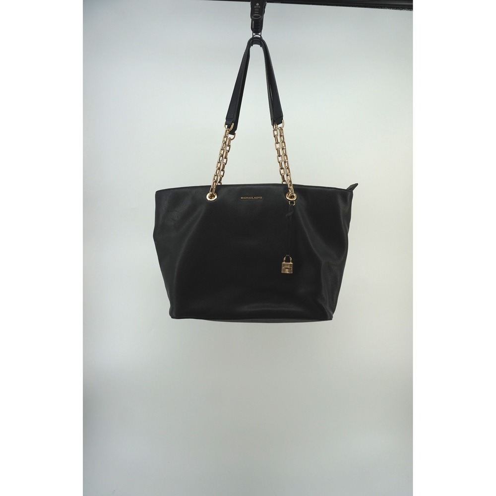 Michael Kors Tote Bag Pebbled Leather Gold Chain Old Money Padlock Black Large